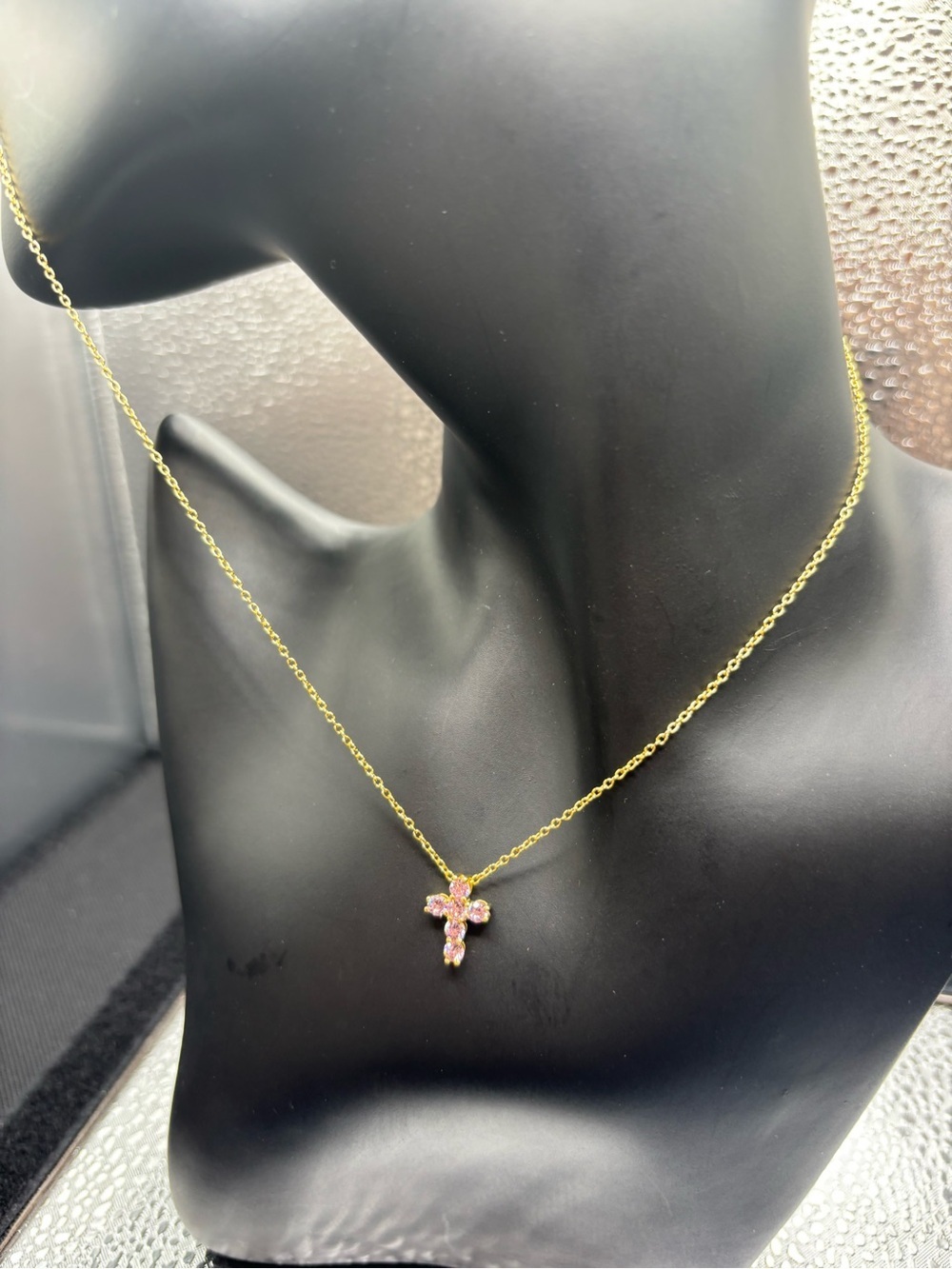 Sterling Silver Chain Necklace with Pink Gem Cross Pendant - Women Jewelry